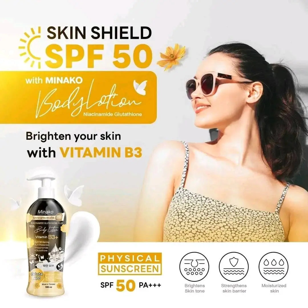 Minako Niacinamide Glutathione Plus Body Lotion, Vitamin B3+, UV Protection, 500 ml